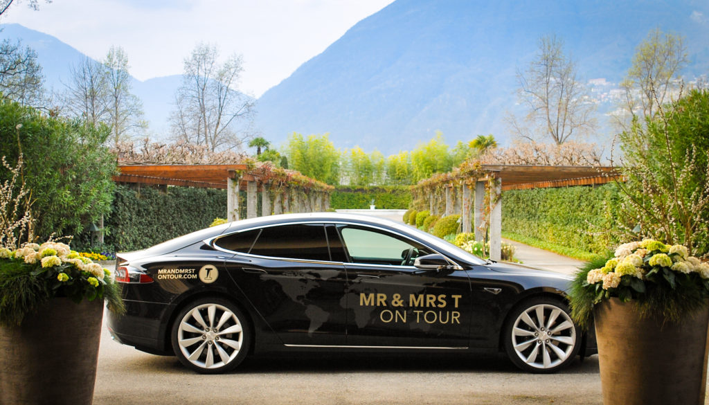 Mr and Mrs T's Model S at the hotel driveway